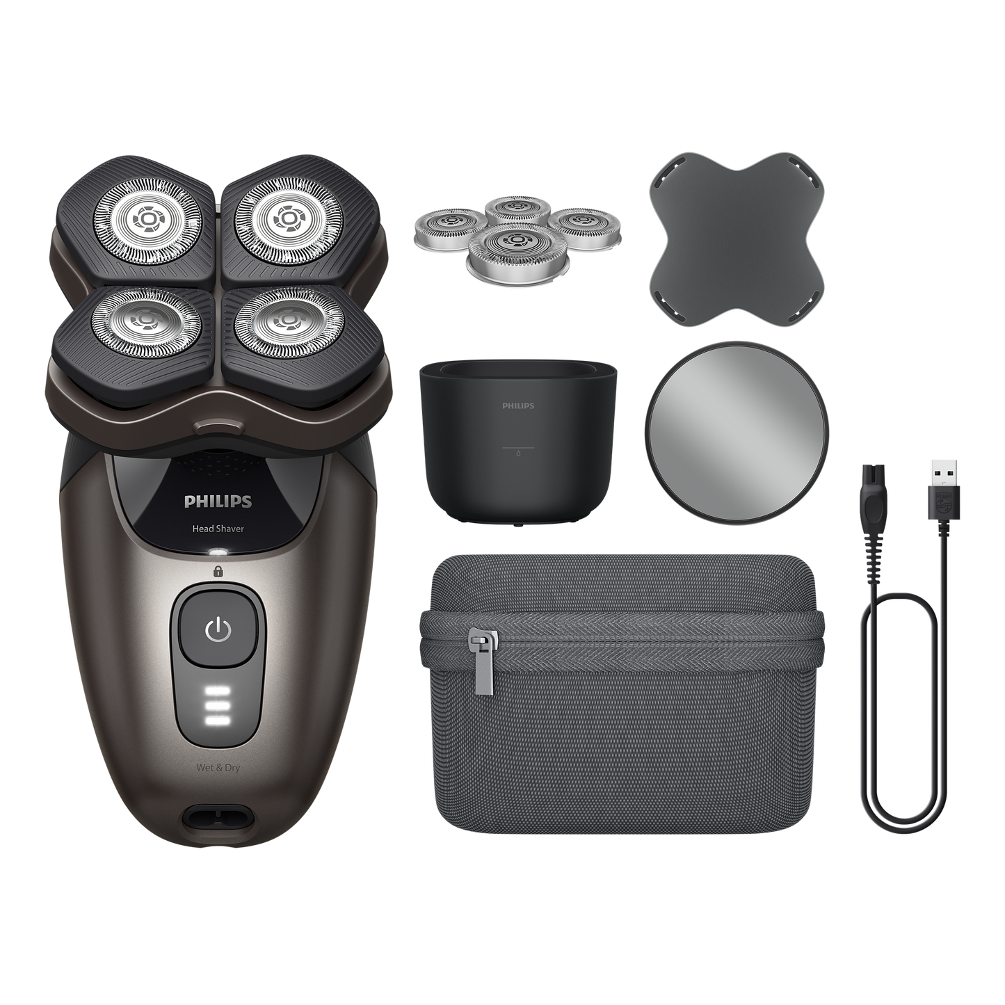Head Shaver Pro 9000 Series HS9980/15 Aukšč. kokybės skustuvas su prabangiais priedais