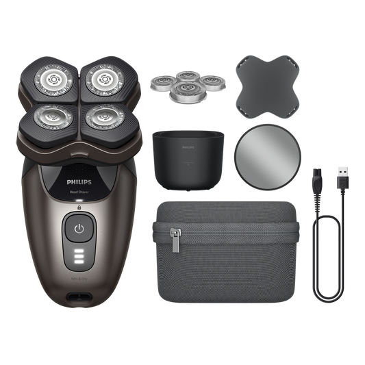 Head Shaver Pro 9000 Series HS9980/15 Aukšč. kokybės skustuvas su prabangiais priedais